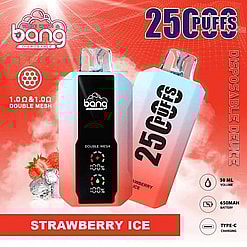 Stylized Promotional Image Of A Bang Disposable Vaping Device In The Strawberry Ice Flavor Showing The Device Features And Capacity Of 25000 Puffs.