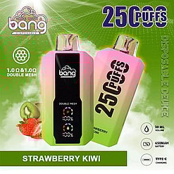 Promotional Image Of A Bang Disposable Vape Device Featuring A Strawberry Kiwi Flavor, 2500 Puffs Capacity, 1.0Ω Double Mesh, 30Ml Volume, 650Mah Battery, And Type-C Charging, Set Against A Green Background With Strawberries And Kiwis.