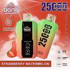 Promotional Image For A Disposable Vape Device Featuring A Strawberry Watermelon Flavor, 2500 Puffs, Dual Mesh Coils, 650Mah Rechargeable Battery, And A 30Ml Liquid Capacity.