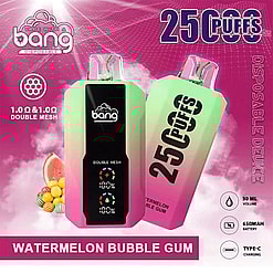 A Promotional Image For The Bang Disposable Vape In The Watermelon Bubble Gum Flavor, Featuring Pink And Green Gradient Devices With Technical Details Like '25,000 Puffs,' 30Ml Volume, 650Mah Battery, And Type-C Charging, Against A Colorful Background With Graphics Of Watermelon And Bubble Gum.