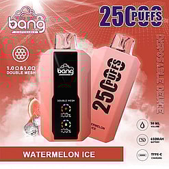 Promotional Image Of A Pink Disposable Vape Device Branded 'Bang' With The Flavor 'Watermelon Ice,' Featuring Specifications Like 30 Ml Volume, 650Mah Battery, And Type-C Charging, Displayed Against A Red Smoky Background.