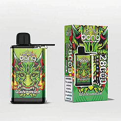 A Vibrant Packaging And Device For The Bang Disposable Vape In Watermelon Flavor, Featuring A Green Dragon Illustration With Flames And Text Warnings About Nicotine On The Box.