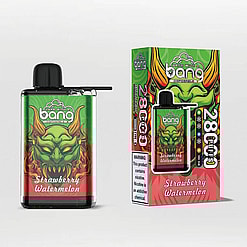 A Disposable Vape Device And Its Packaging Featuring The Label 'Bang' And A Strawberry Watermelon Flavor Description, Along With A Green Demon Illustration And Product Health Warning Labels.