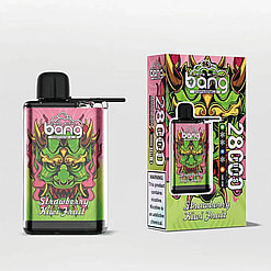A Bang Brand Disposable Vape And Its Packaging Featuring Colorful Graphics And The Flavor Strawberry Kiwi Fruit, With A Warning Regarding Nicotine Addiction On The Box.