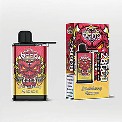 A Disposable Vape Device And Its Packaging, Featuring Colorful Red And Yellow Designs With A Demonic Face Emblem And Labeled 'Strawberry Banana' Flavor.