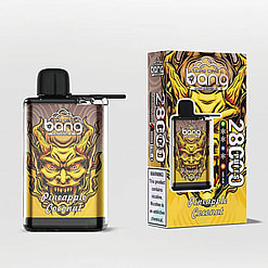 Packaging And Disposable Vape Device For Bang's Pineapple Coconut Flavor, Featuring Yellow And Orange Fire-Themed Graphics With A Bold Demonic Figure Design.