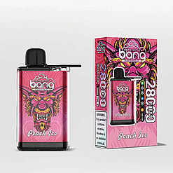 Disposable Vaping Device And Packaging Featuring Vibrant Pink And Yellow Monster Artwork, Marked As 'Peach Ice' Flavor With Warning That It Contains Nicotine.