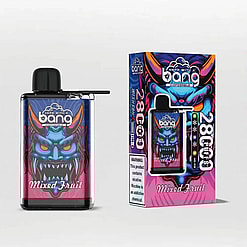 Ein stilisiertes Einweg-Vape-Gerät und die dazugehörige Verpackung, beide mit dem farbenfrohen Motiv eines bunten, knurrenden Biests verziert und mit der Aufschrift „Mixed Fruit“ und einer Warnung zum Nikotingehalt versehen.