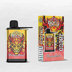 A Disposable Vape Device And Its Packaging Labeled 'Bang Mango Peach', Featuring A Fiery Demon Illustration And Warning About Nicotine Addiction.