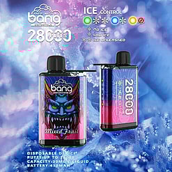 Werbebild für einen Bang 28000 Ice Disposable Vape mit einem Design mit gemischtem Fruchtgeschmack, lebendigen Grafiken und Ice Control-Funktion, angezeigt auf einem frostig blauen Hintergrund.
