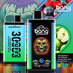 Promotional Image Of Two Vape Devices Branded 'Bang Disposable,' Featuring A Halloween-Themed Design And Offering A Variety Of Puffs And E-Liquid Capacities, Accompanied By Images Of Fruits Like Blueberries And Apples.