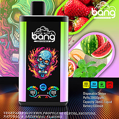 Colorful Promotional Image For The 'Vape With A Bang' Disposable Device Featuring A Skull Design, Specifications Like 30,000 Puffs, 36Ml Capacity, And 550Mah Battery Alongside Fruit Illustrations Indicating Flavor Options.
