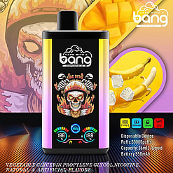 A Vibrant Promotional Image Showcasing A 'Bang' Disposable Vape Device, Labeled 'Fire Devil,' With Detailed Specifications Including 30,000 Puffs, 36Ml Liquid Capacity, And A 550Mah Battery. The Background Includes Imagery Of Bananas, Mango Chunks, And Ice Cubes, Suggesting A Fruity, Cool Flavor Profile.