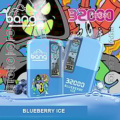 A Promotional Image For The 'Bang Disposable Vape' In The Blueberry Ice Flavor, Showcasing A Blue Vape Device With Digital Features, A Cartoon Ice And Fire-Themed Mascot, And Details Such As '3200 Puffs', '32Ml Liquid Capacity', And 'Type-C Charging'.