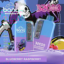 Advertisement Featuring A Disposable Vape Device Labeled 'Vape With A Bang' In A Blueberry Raspberry Flavor, Showcasing Its 3200 Puff Capacity And Technical Features Against A Colorful Backdrop With A Skeleton Graphic.