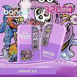 A Promotional Image For Bang's Disposable Vape In The Grape Ice Flavor, Featuring A Purple Device Design With Cartoon Graphics, Highlighting 3200 Puffs Claim And Specifications Like 32Ml Liquid Capacity And 650Mah Battery.