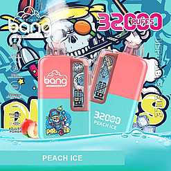 Image Showing Bang 32000 Disposable Vape With A Peach Ice Flavor, Featuring A Vibrant Design, Pirate Theme, Technical Features, And Colorful Branding.
