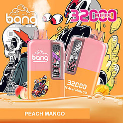 Promotional Image For A Disposable Vape Labeled 'Bang Disposable Peach Mango,' Featuring Illustrations, Descriptive Product Details Like '3200 Puffs' And '350Mah Battery Capacity,' With A Peach And Mango Graphic In The Foreground.