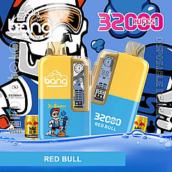 Promotional image for Bang 32000 disposable vaping device with Red Bull flavor, featuring product details like 3200 puffs, 650mAh battery capacity, and a colorful sports-themed design.
