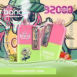 Advertisement Featuring Two Colorful Disposable Vape Devices In Pink And Green Hues, Labeled 'Bang Disposable' With Strawberry And Kiwi Design Elements And Product Specifications Such As '32,000 Puffs,' Set Against A Vibrant Illustrated Background.
