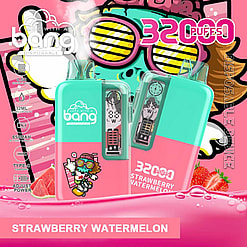 Promotional Image Showcasing A Colorful Disposable Vape Device Branded As 'Bang' With Features Like 3200 Puffs Capacity And A Strawberry Watermelon Flavor, Displayed Against A Vibrant, Playful Background.