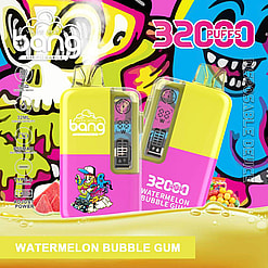 Promotional Image Of A Bang Disposable Vape Device In A Watermelon Bubble Gum Flavor, Showcasing Vibrant Yellow And Pink Colors With Cartoon Graphics, Product Specs, And A Claim Of 3200 Puffs.