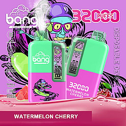 Promotional Image Featuring Bang Disposable Vape Devices In Watermelon Cherry Flavor With A Colorful Design And Product Specifications.