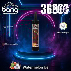 Promotional Image Featuring A Bang Disposable Vape With Watermelon Ice Flavor Highlighted, Surrounded By Neon Lights And Product Features Like Led Lights And Rechargeability.