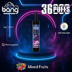 Product Image Showcasing The Bang Disposable Vape With Mixed Fruits Flavor, 3600 Puffs Capacity, Led Color Light Feature, Rechargeable Via Type-C, Displayed On A Futuristic, Neon-Lit Background.