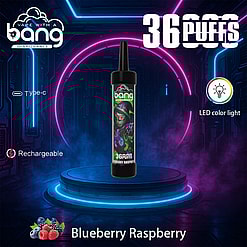 Promotional Image Featuring The Bang Disposable Vape In Blueberry Raspberry Flavor, Showcased On A Futuristic Neon-Lit Stage With Product Highlights Like Type-C Charging And Led Color Lighting.