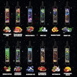 Collage of multiple flavored vape pens labeled with flavor names, such as Strawberry Kiwi, Peach Mango Watermelon, Mint Ice, among others, with a starry space-themed background and accompanying images of relevant fruits.