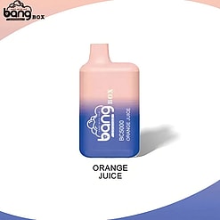En tonad rosa och blå engångsvape märkt "Bang Box Bc5000 Orange Juice" med tillhörande text "Orange Juice" på en minimalistisk bakgrund.