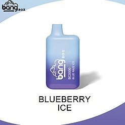 Bang Box BC5000 Blue Razz Ice vape-enhet i en tonad blå finish på en vit bakgrund med texten "Blueberry Ice".