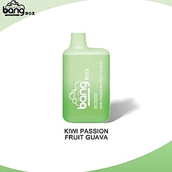 En ljusgrön Bang Box Bc5000-enhet märkt med smaken "Kiwi Passion Fruit Guava" visas mot en tonad bakgrund.