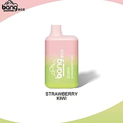 En Bang Box engångsvape i smak av jordgubb och kiwi, med en rosa till grön tonad design och tydlig varumärkestext.