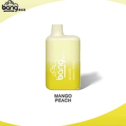 En reklambild som visar en gul och vit vape-enhet märkt "Bang Box, Bc5000, Mango Peach" mot en vit bakgrund med subtila gula gradienter.