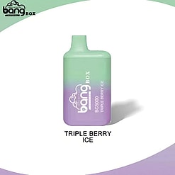 Bang Box BC5000 engångsvape med pastellgrön och lila design märkt "Triple Berry Ice", visas mot en tonad bakgrund.