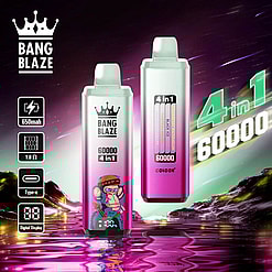 Promotional Image Featuring Two Bang Blaze 4-In-1 E-Cigarettes With A Colorful Background, Highlighting Specifications Such As 650Mah Capacity And Options For Multiple Flavors.