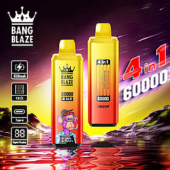 Promotional Image For Bang Blaze 4-In-1 Electronic Device With 60,000 Puff Capacity, Featuring A Vibrant Design And Technical Specifications Such As 650Mah Capacity And Digital Display, Set Against A Colorful Futuristic Background.