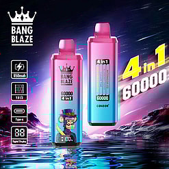 未来的なネオンの風景を背景に「Bang Blaze 4 in 1、60,000 パフ」というラベルが付いた 2 つのカラフルな電子ベポライザー。650mAh バッテリーや Type-C 充電などの製品機能が記載されています。