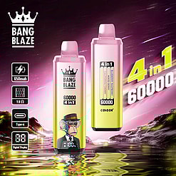 Promotional Image For 'Bang Blaze 4 In 1' Vape Devices Showcasing Two Units With A Colorful, Reflective Background, Highlighting Features Like 60000 Puffs, A 650Mah Battery, Digital Display, And Type-C Charging.