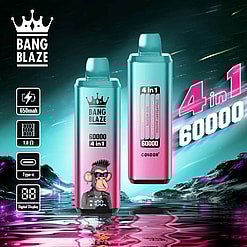 Promotional Image For Bang Blaze 4-In-1 Vaping Device Featuring Two Colorful Models, Highlighting 650Mah Battery, Type-C Charging Port, 1.0Ω Coil, And Digital Display, Against A Futuristic Background.