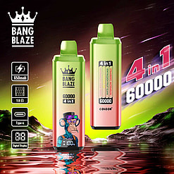 Colorful Advertisement Showcasing Two 'Bang Blaze' 4-In-1 Vape Devices With A 60,000 Puff Capacity Against A Vivid, Neon-Tinted Background, Featuring Product Specs Like 650Mah Battery And Type-C Charging.