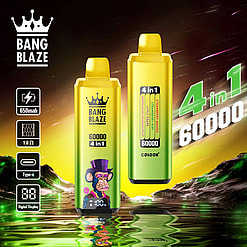 Promotional Image For Bang Blaze 4-In-1 Vape Featuring Two Yellow Disposable Devices With A Digital Display, Showcasing A Capacity Of 60000 And Flavors Like Strawberry Mango And Watermelon Dragonfruit, Against A Vibrant Cosmic Background.