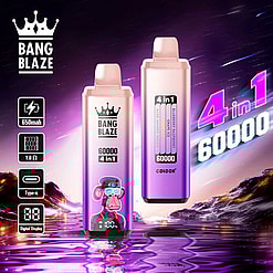 Display Of Two Bang Blaze 4-In-1 Vaping Devices With Vibrant Purple Hues, Labeled With Various Specifications And Features, And A Graphic Monkey Icon On One. The Background Includes A Reflective Liquid Surface And A Cosmic Scenery.