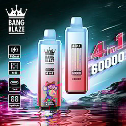 A Promotional Image Featuring Two Bang Blaze 4-In-1 Disposable Vape Devices With 60,000 Puffs, Showing Their Design, Highlighting Specifications Like A 650Mah Battery, Type-C Charging Port, And Digital Display, Set Against A Futuristic Reflective Background.