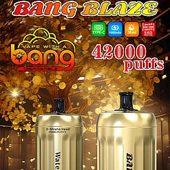 Promotional Image For Bang Blaze E-Shisha Head Featuring Two Gold-Colored Devices Labeled 'Watermelon' And 'Bang Blaze,' Showcasing 42,000 Puffs, Type-C Charging, 1000Mah Battery, And 30Ml Capacity Against A Golden Backdrop.