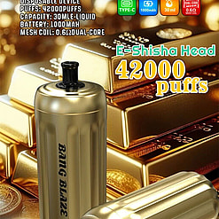 Promotional Image Of The Bang Blaze Disposable E-Shisha Device Highlighting Features Such As 42,000 Puffs, A 1,000Mah Battery, 30Ml Liquid Capacity, And A 0.6 Ohm Dual-Core Mesh Coil, Displayed Over A Background Of Gold Bars.