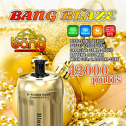 Promotional Image Showing A Disposable Vape Device Called 'Bang Blaze Blueberry Mint E-Shisha Head,' Featuring A Golden Design And Text Highlighting Its Specifications, Including 42,000 Puffs, 30 Ml Liquid Capacity, And 1000 Mah Battery.