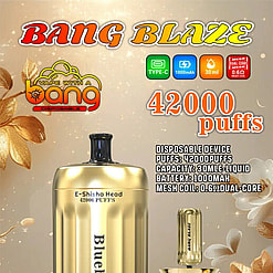 Promotional Image For The 'Bang Blaze' Disposable E-Shisha Device In Gold Color, Featuring Specifications Such As 42,000 Puffs, 30Ml Liquid Capacity, 1000Mah Battery, And 0.62 Dual-Core Mesh Coil, With A Blueberry Ice Flavor Indication And Hookah Imagery In The Background.